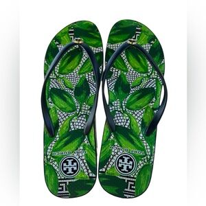 Tory Burch Green Leaves Tropicsl wedge flip flops women’s size 10